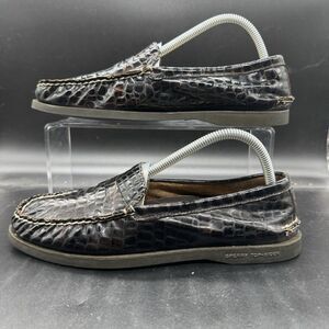 Sperry Top-Sider Womens 9.5M Slip On Shoes Brown Leather Moc Crocodile GUC